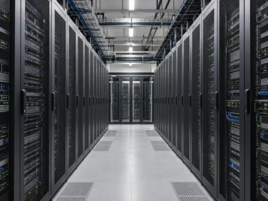 ภาพจำลองห้อง Data Center พร้อมแถวตู้เซิร์ฟเวอร์และระบบเดินสายเหนือทางเดิน