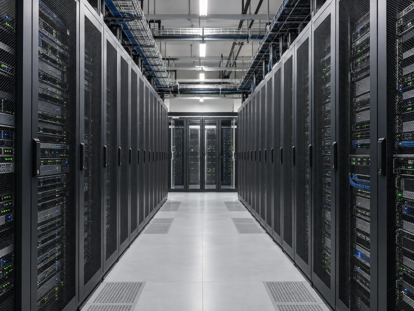 ภาพจำลองห้อง Data Center พร้อมแถวตู้เซิร์ฟเวอร์และระบบเดินสายเหนือทางเดิน