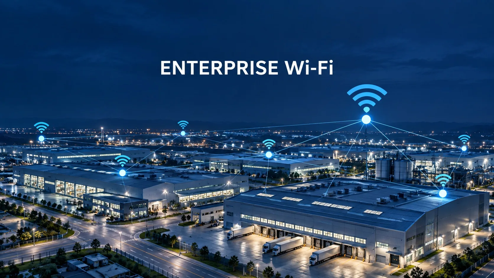 ภาพจำลองโรงงานพร้อมกราฟิกเครือข่ายไร้สายและข้อความ Enterprise Wi-Fi