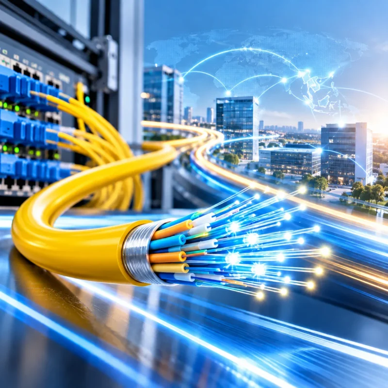 สาย Fiber Optic สีเหลืองสำหรับการเชื่อมต่อเครือข่ายความเร็วสูงระหว่างอาคารและสาขา