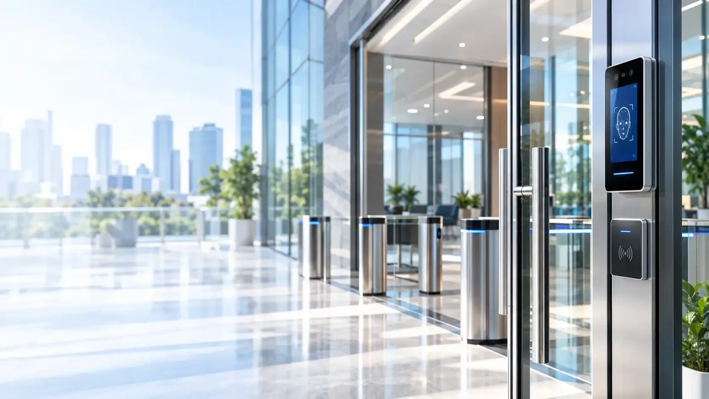 ระบบ Access Control สำหรับองค์กรบริเวณทางเข้าอาคาร พร้อมเครื่องสแกนใบหน้าและประตูควบคุมการเข้าออก