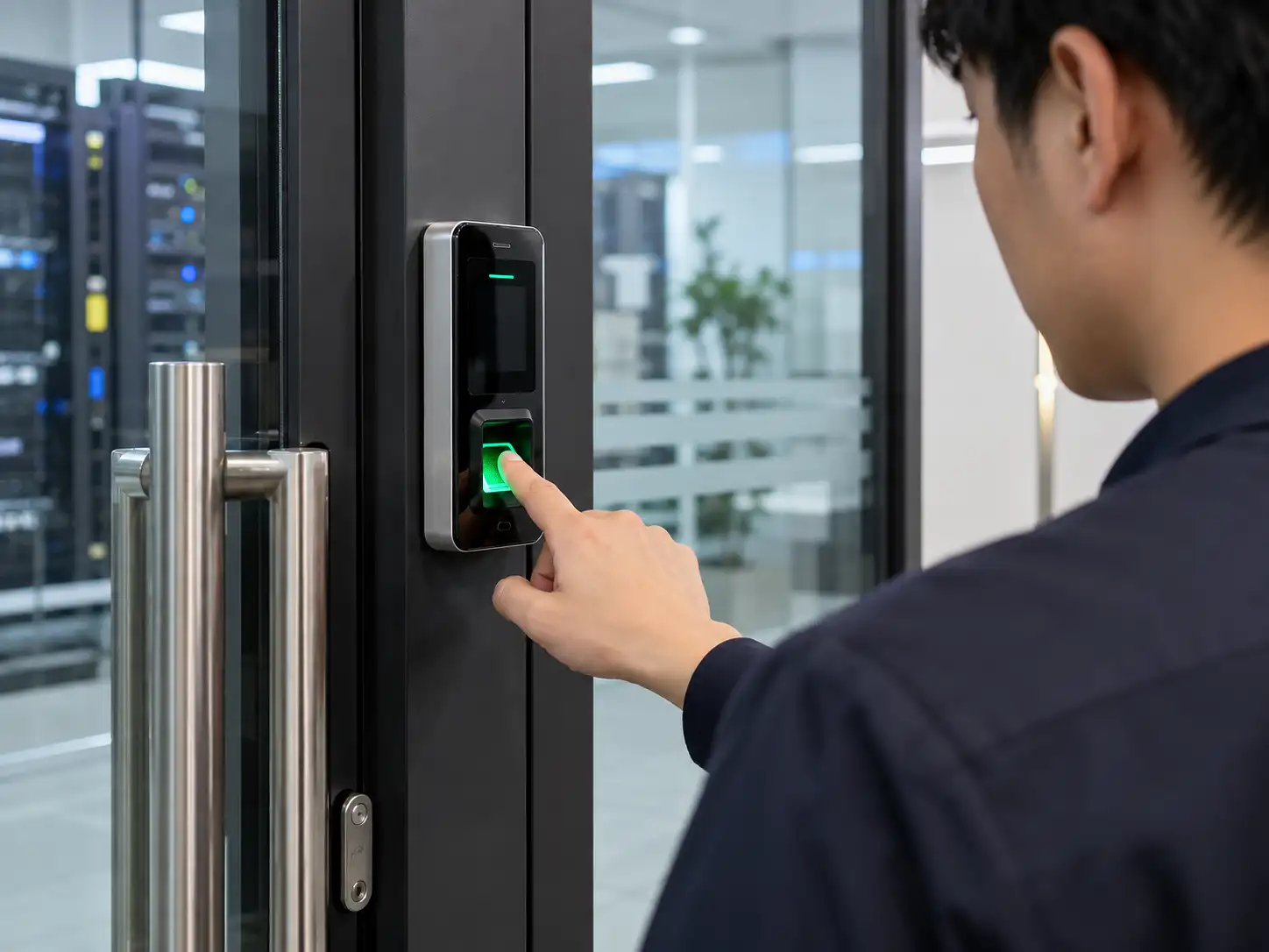 พนักงานสแกนลายนิ้วมือเพื่อเข้าใช้งานพื้นที่ควบคุมด้วยระบบ Access Control