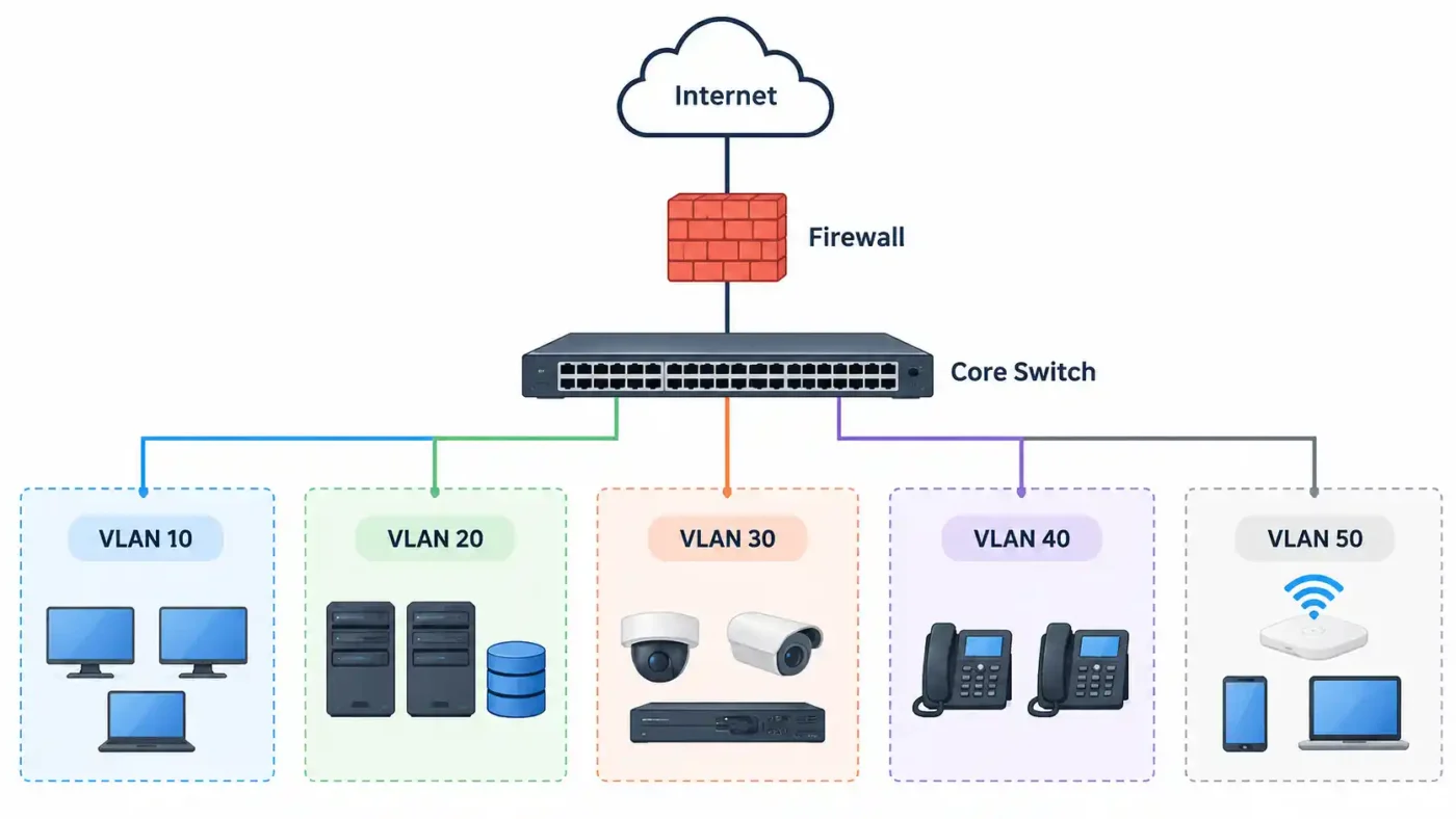 โซลูชัน Network Infrastructure - Enterprise WiFi แผนภาพการจัดระเบียบเครือข่ายองค์กรด้วยการแบ่ง VLAN สำหรับอุปกรณ์ไอที