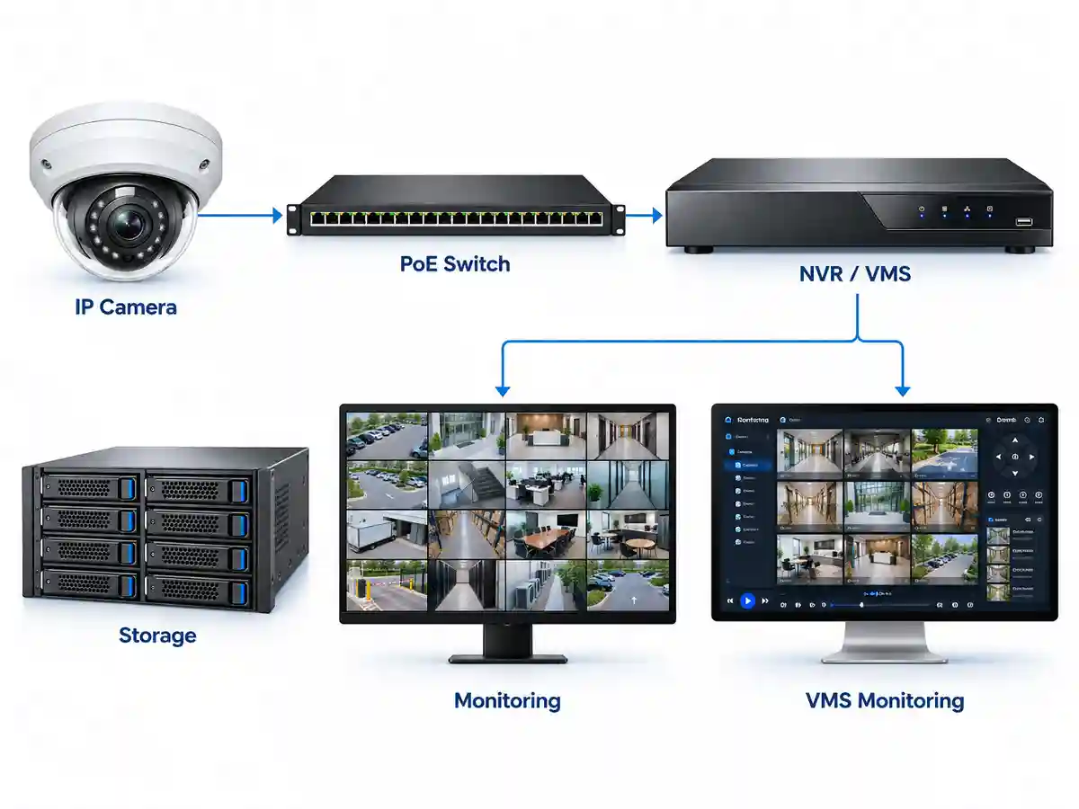 โครงสร้างระบบ CCTV สำหรับองค์กรเชื่อมต่อ IP Camera PoE Switch NVR Storage และ Monitoring