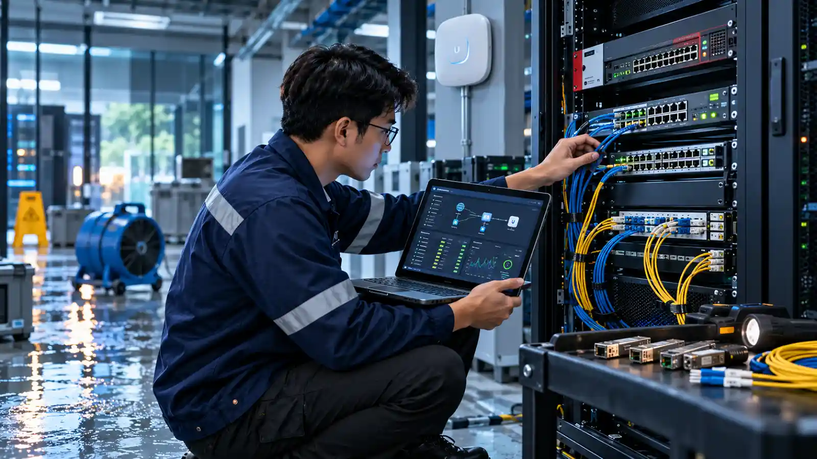 โซลูชัน Network Infrastructure - Enterprise WiFi วิศวกรไอทีตรวจสอบการเชื่อมต่อระบบเครือข่ายไร้สายในห้องเซิร์ฟเวอร์